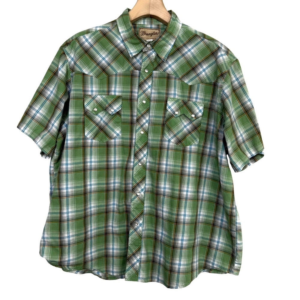 Wrangler Western Fashion Snap Shirt Plaid Green Men's 2XL Short‎ Sleeve